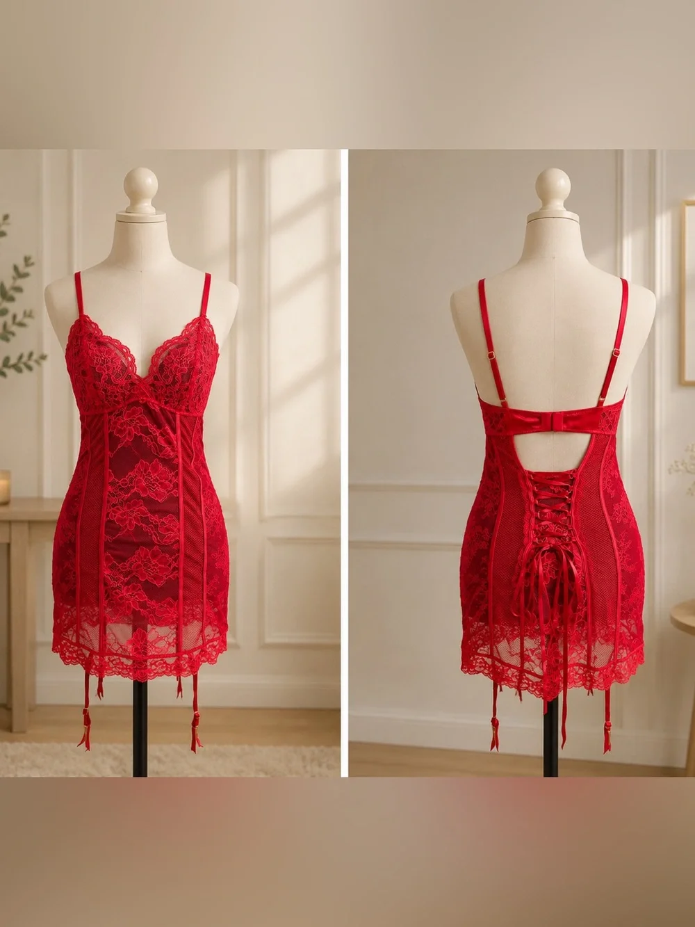 Victoria's Secret Red Lace Corset-Back Chemise